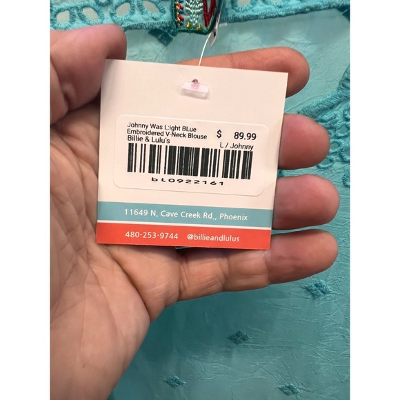 Johnny Was Light Blue Embroidered V-Neck Blouse - Picture 3 of 3